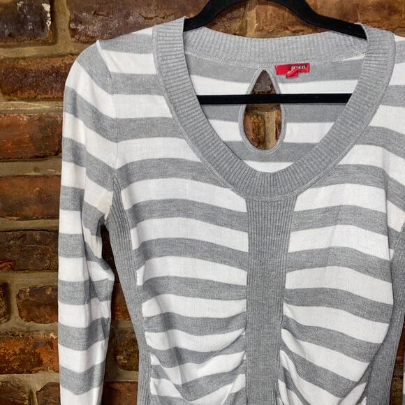 BONGO Gray & White Striped Ruched Keyhole Long Sleeve Sweater Women's Size XL - Picture 2 of 6